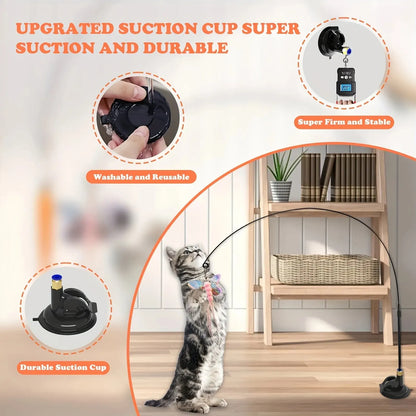 Interactive Cat Teaser Wand Toy with Feather Bell Suction Cup Pole