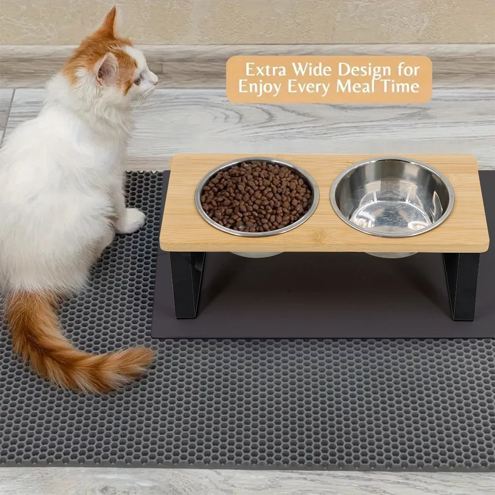 Elevated Cat Bowls 15° Tilted Raised Food Bowls with Wooden Stand