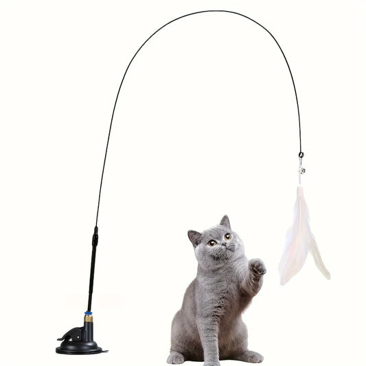 Interactive Cat Teaser Wand Toy with Feather Bell Suction Cup Pole