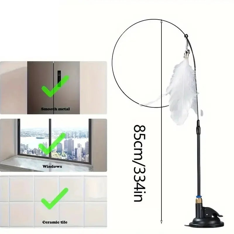 Interactive Cat Teaser Wand Toy with Feather Bell Suction Cup Pole