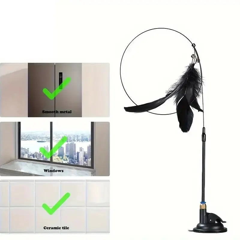 Interactive Cat Teaser Wand Toy with Feather Bell Suction Cup Pole