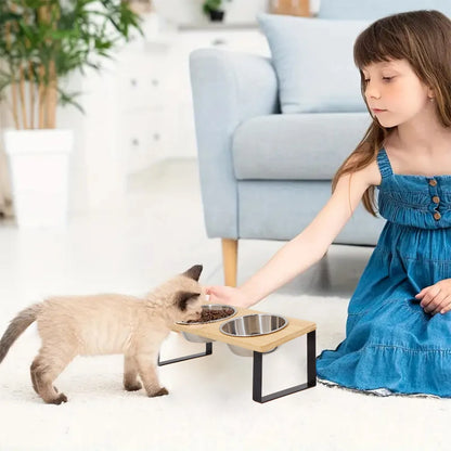 Elevated Cat Bowls 15° Tilted Raised Food Bowls with Wooden Stand