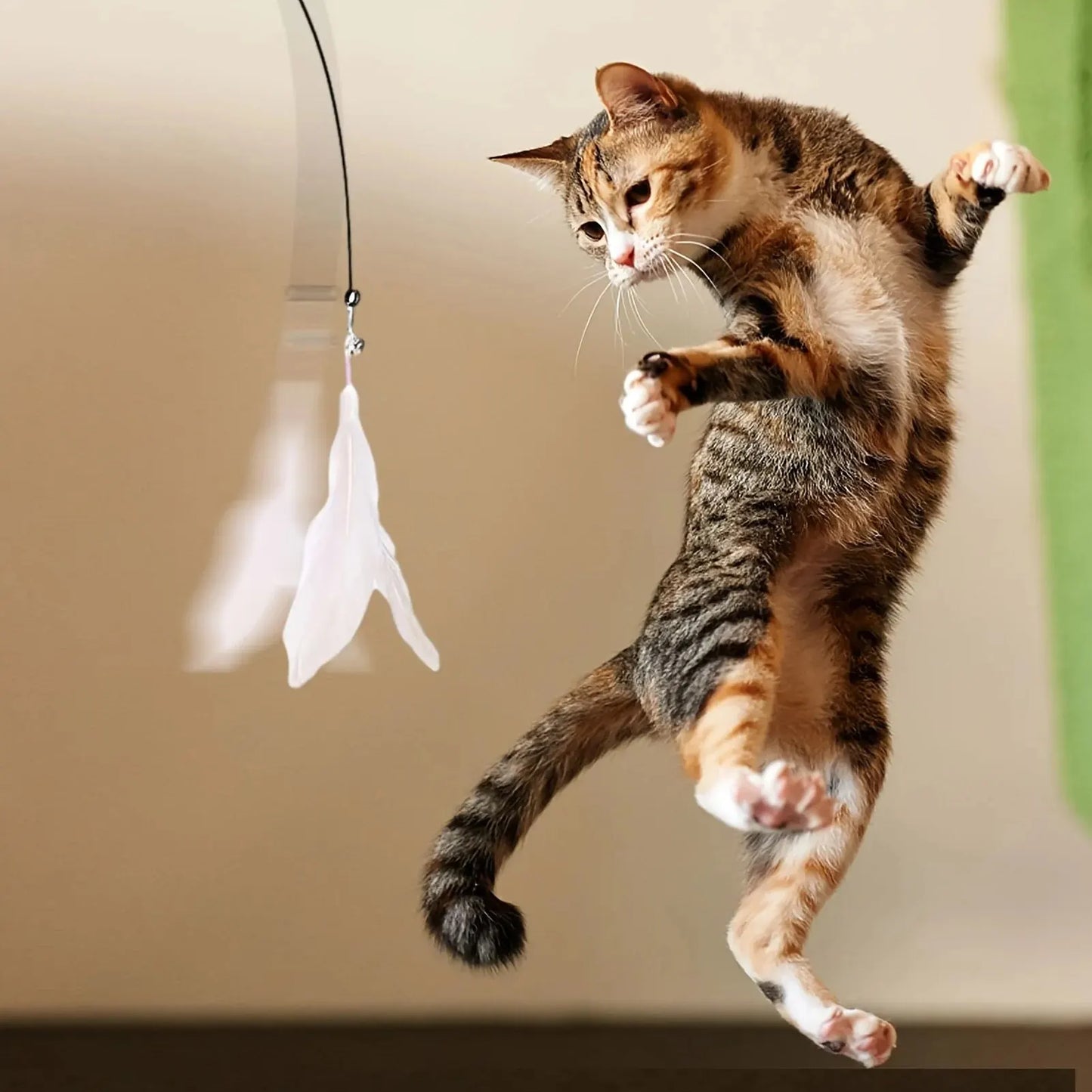 Interactive Cat Teaser Wand Toy with Feather Bell Suction Cup Pole