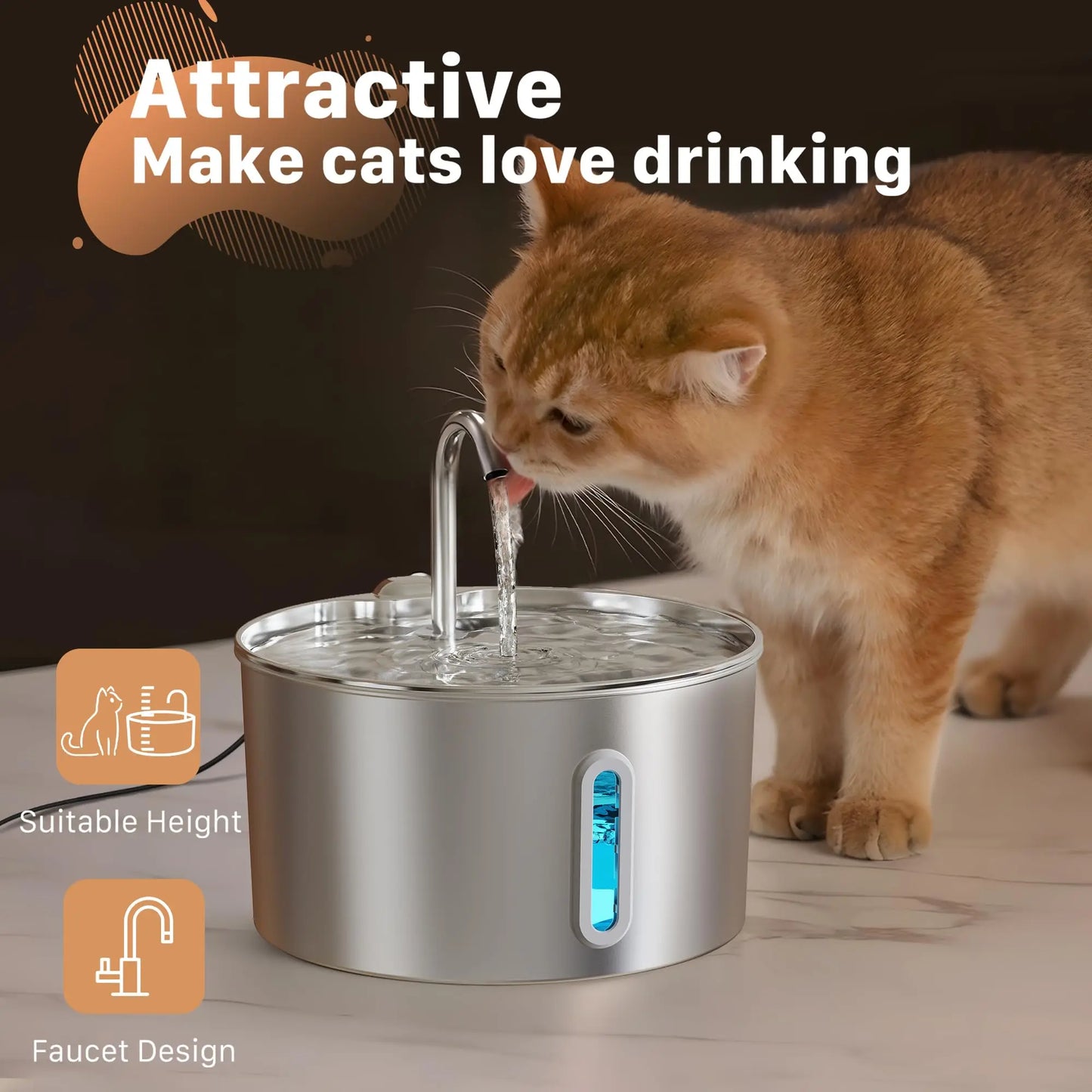 2.2L Stainless Steel Cat Water Fountain Automatic Pet Drinking Dispenser