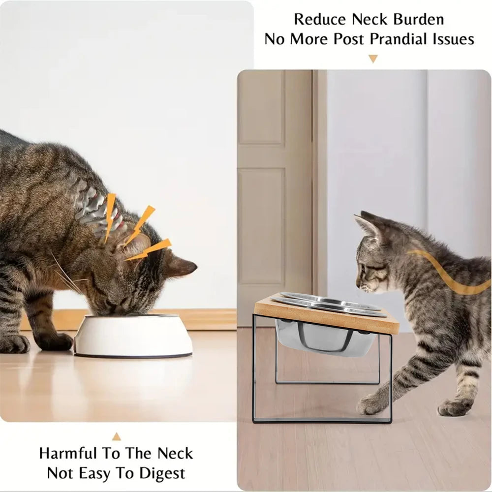 Elevated Cat Bowls 15° Tilted Raised Food Bowls with Wooden Stand