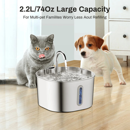 2.2L Stainless Steel Cat Water Fountain Automatic Pet Drinking Dispenser