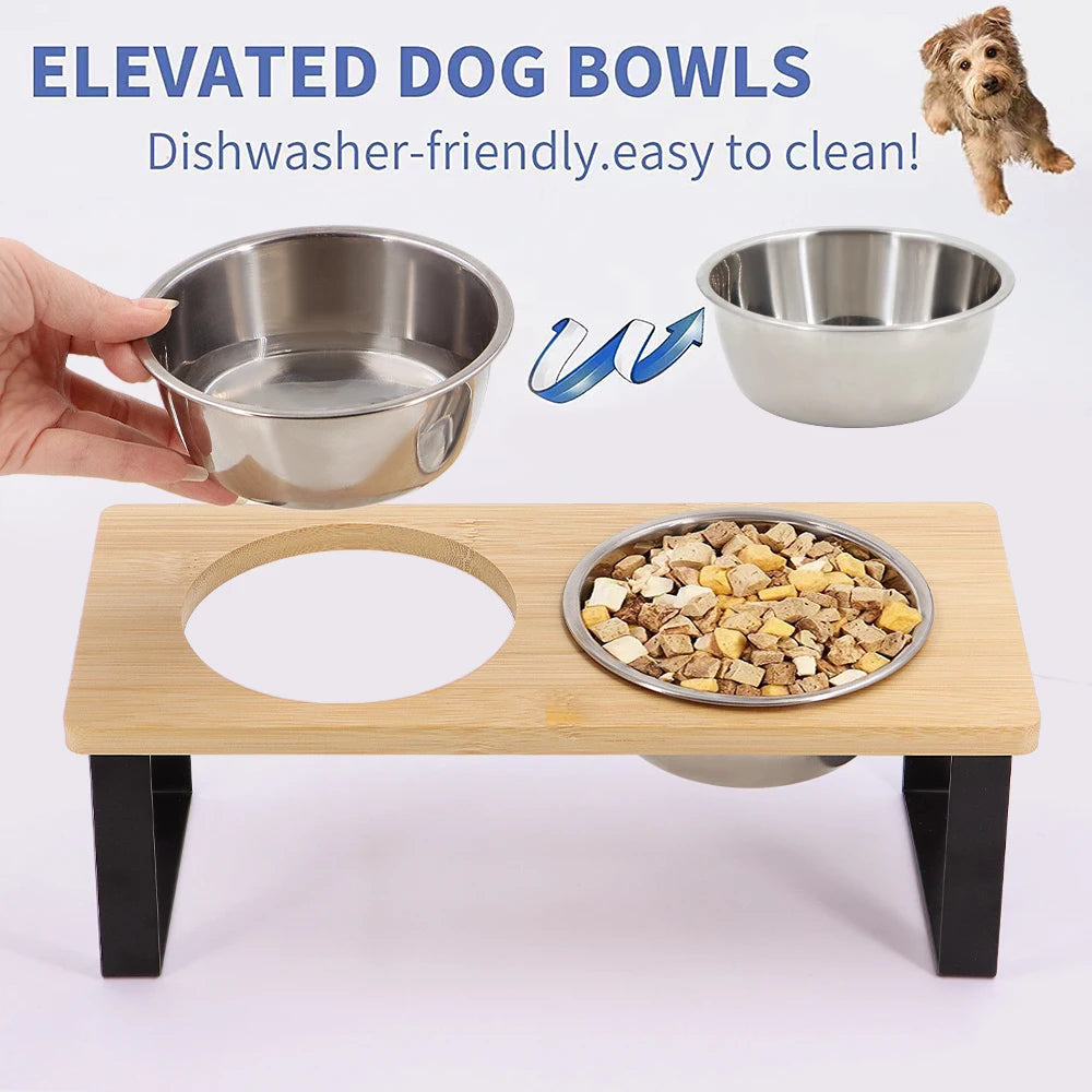 Elevated Cat Bowls 15° Tilted Raised Food Bowls with Wooden Stand