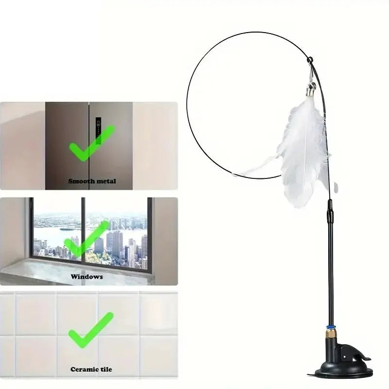 Interactive Cat Teaser Wand Toy with Feather Bell Suction Cup Pole