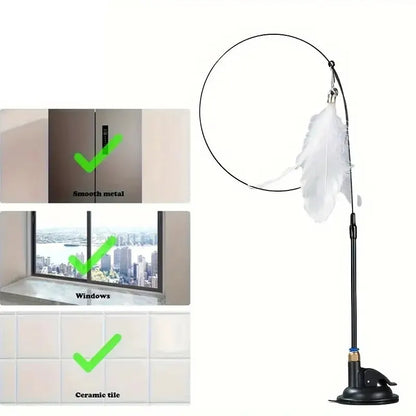 Interactive Cat Teaser Wand Toy with Feather Bell Suction Cup Pole