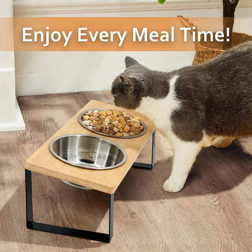 Elevated Cat Bowls 15° Tilted Raised Food Bowls with Wooden Stand