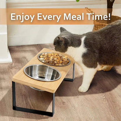 Elevated Cat Bowls 15° Tilted Raised Food Bowls with Wooden Stand