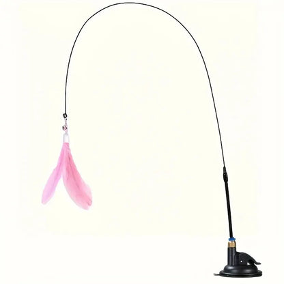 Interactive Cat Teaser Wand Toy with Feather Bell Suction Cup Pole