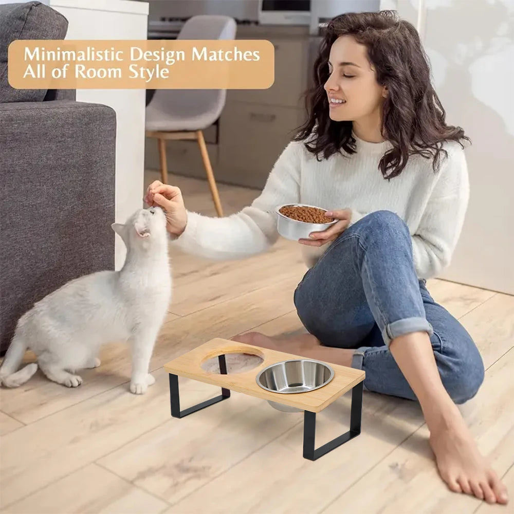 Elevated Cat Bowls 15° Tilted Raised Food Bowls with Wooden Stand