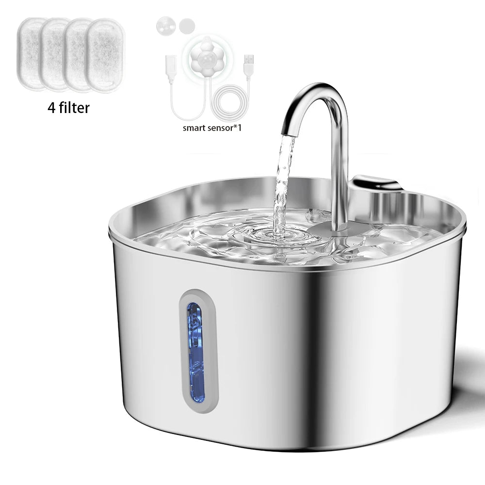 2.2L Stainless Steel Cat Water Fountain Automatic Pet Drinking Dispenser